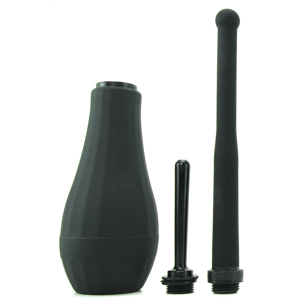 Black anal douche set with a bulb and two nozzles.