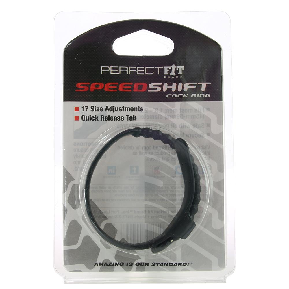 Black adjustable cock ring with quick release tab.