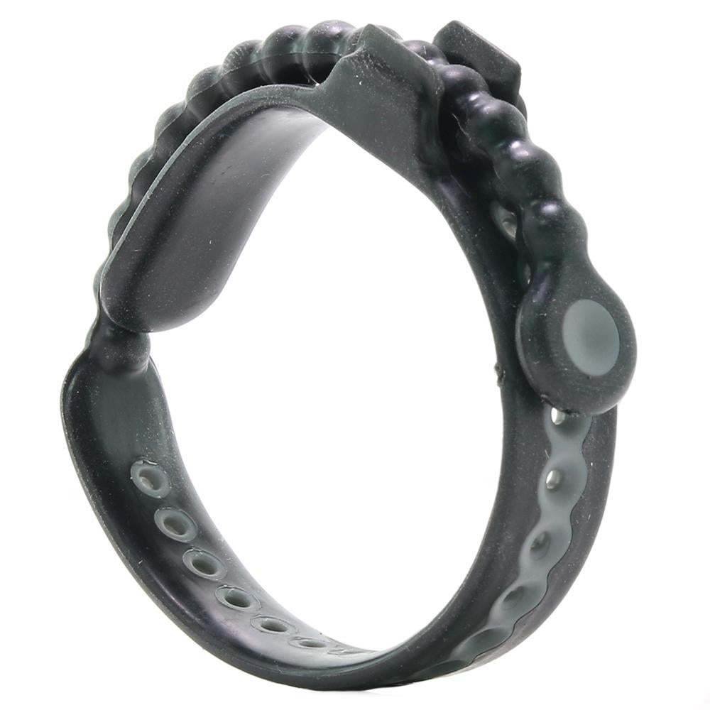 Adjustable black cock ring with a quick release tab.