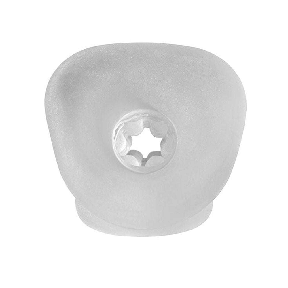 Clear textured penis sleeve with a star-shaped opening.