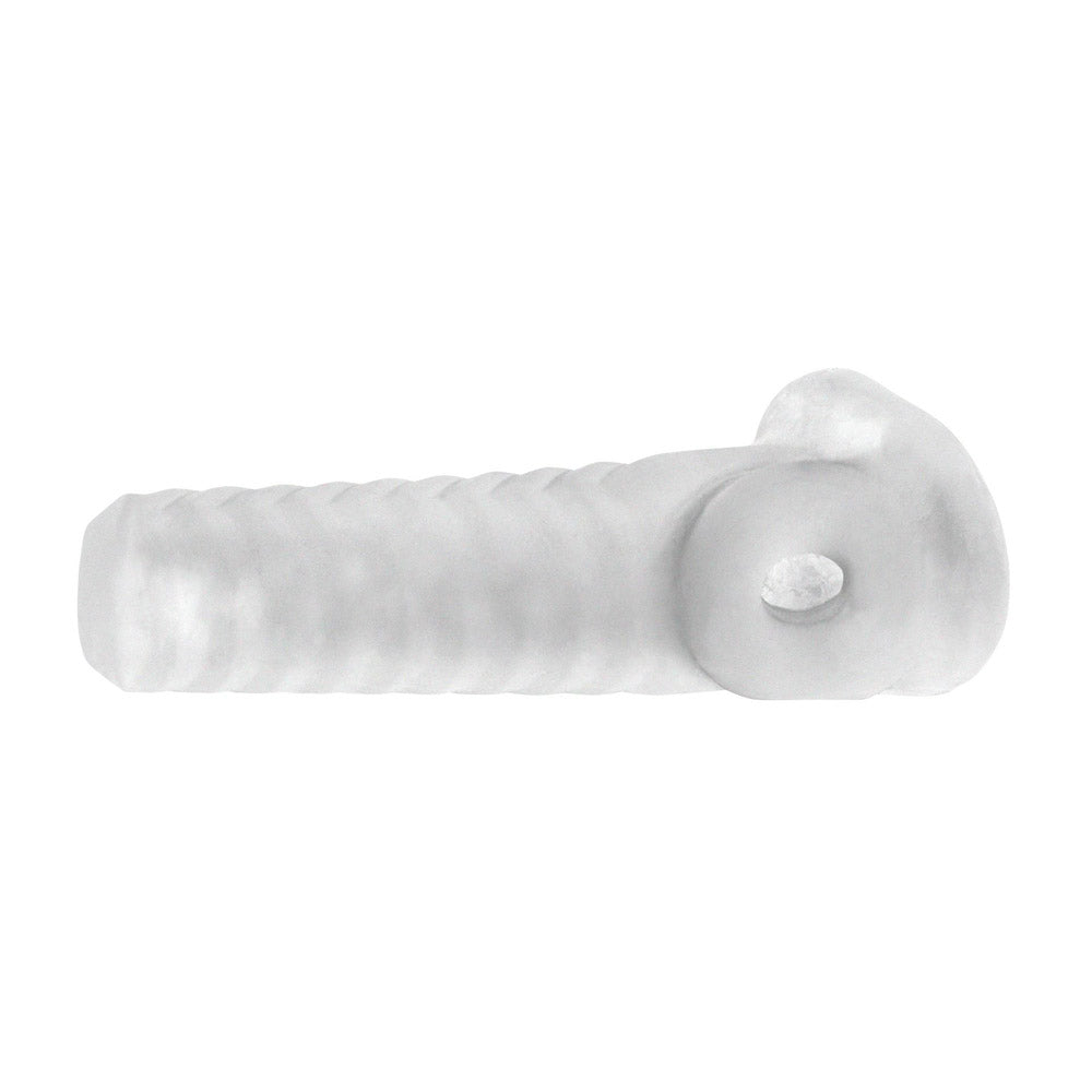 Clear textured penis sleeve with a flared base.
