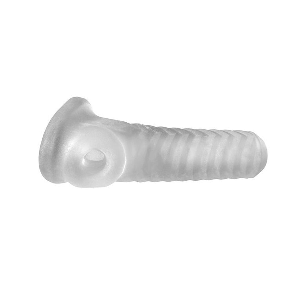 Clear textured penis sleeve with an open tip and ribbed shaft.