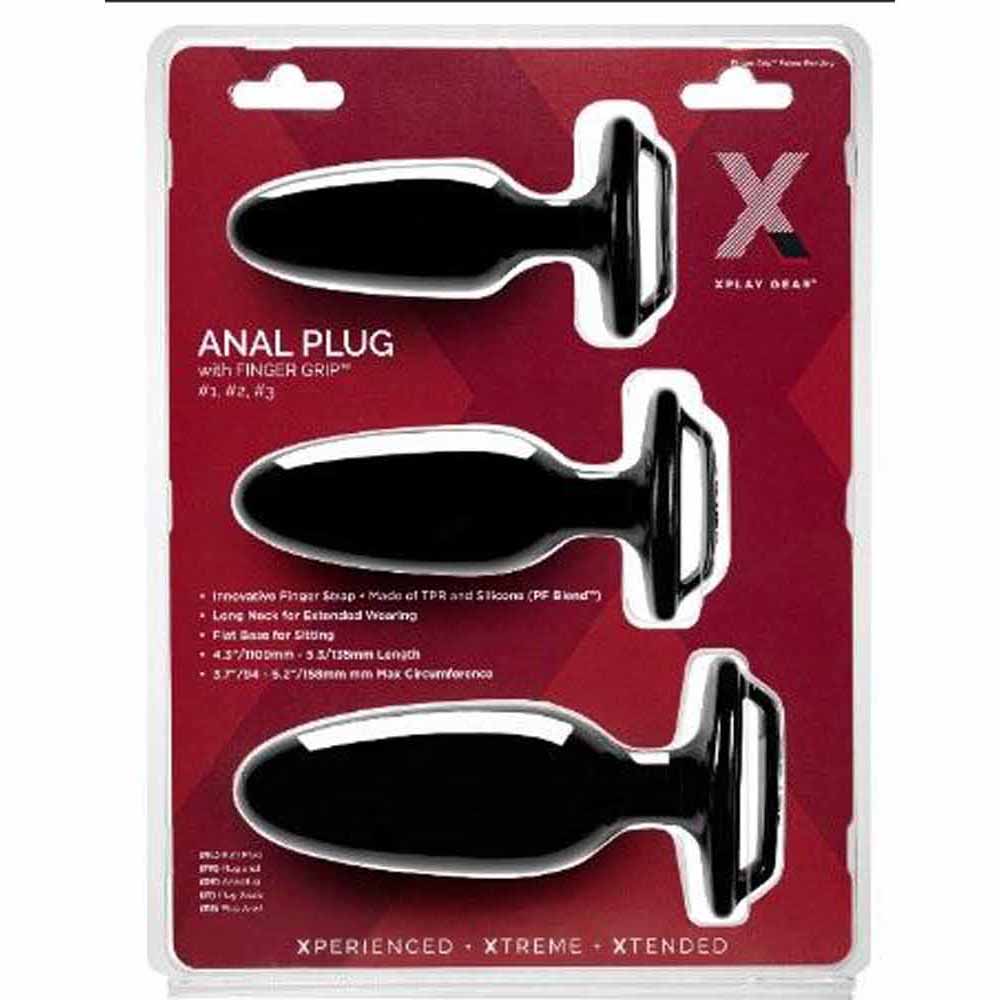A set of three black anal plugs with finger grips in packaging.