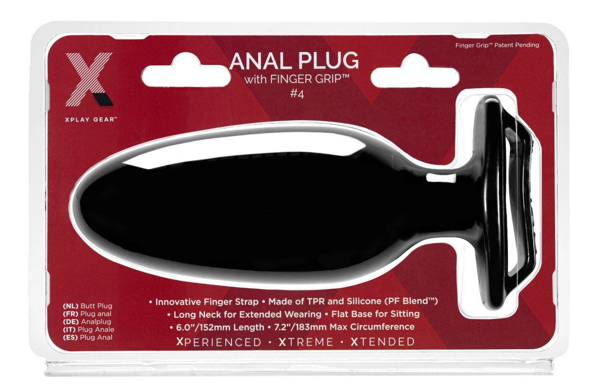 Xplay Finger Grip Anal Plug #4, black, with finger strap and flat base.