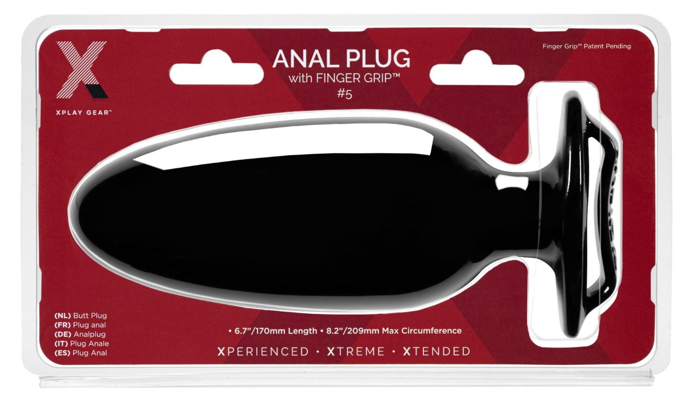 Black silicone anal plug with a finger grip in packaging.