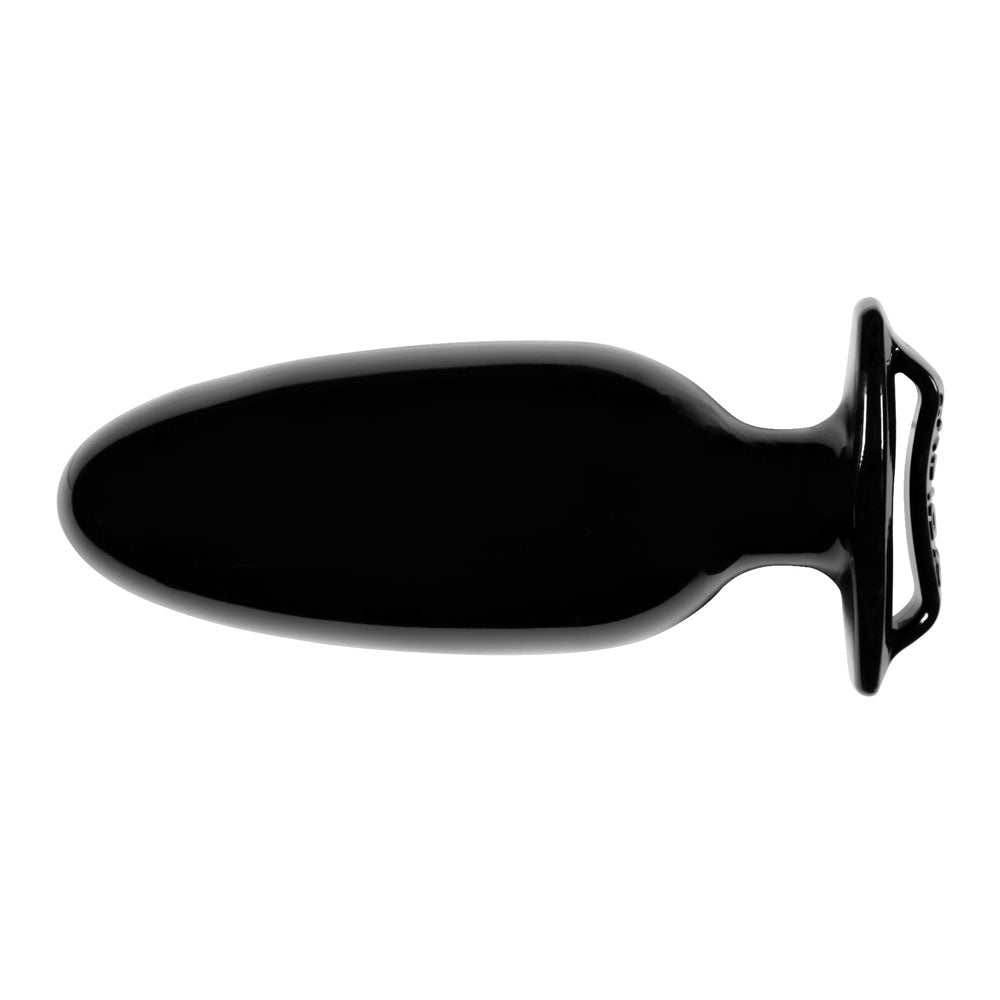 Black silicone anal plug with a finger grip.
