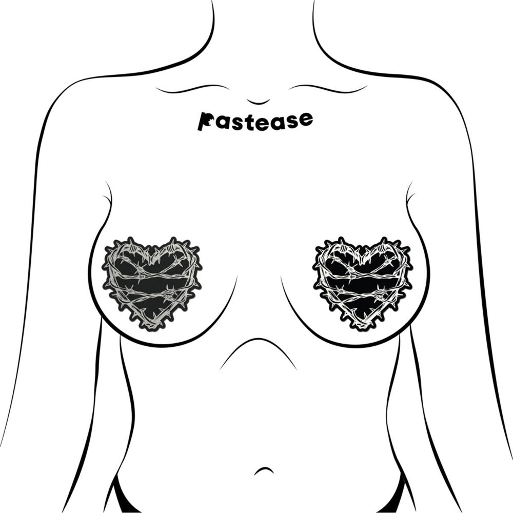 Reflective barbed wire heart pasties with black hearts and silver accents.
