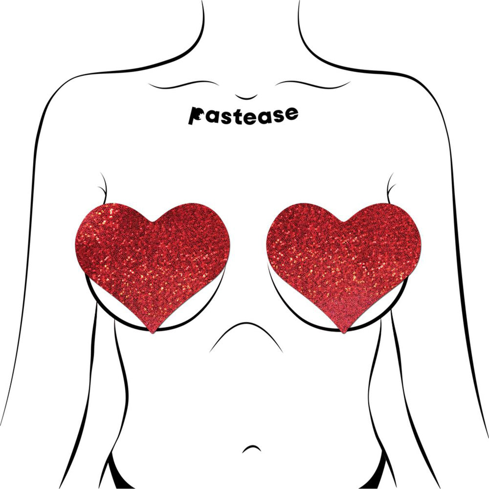 Red glitter heart pasties with "Pastease" text above.