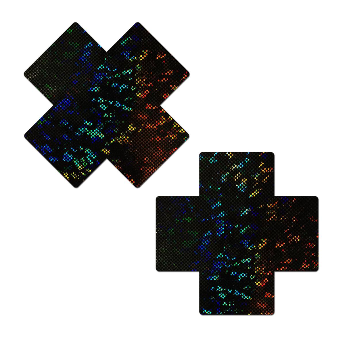 Black disco full breast covers with a cross and X shape.