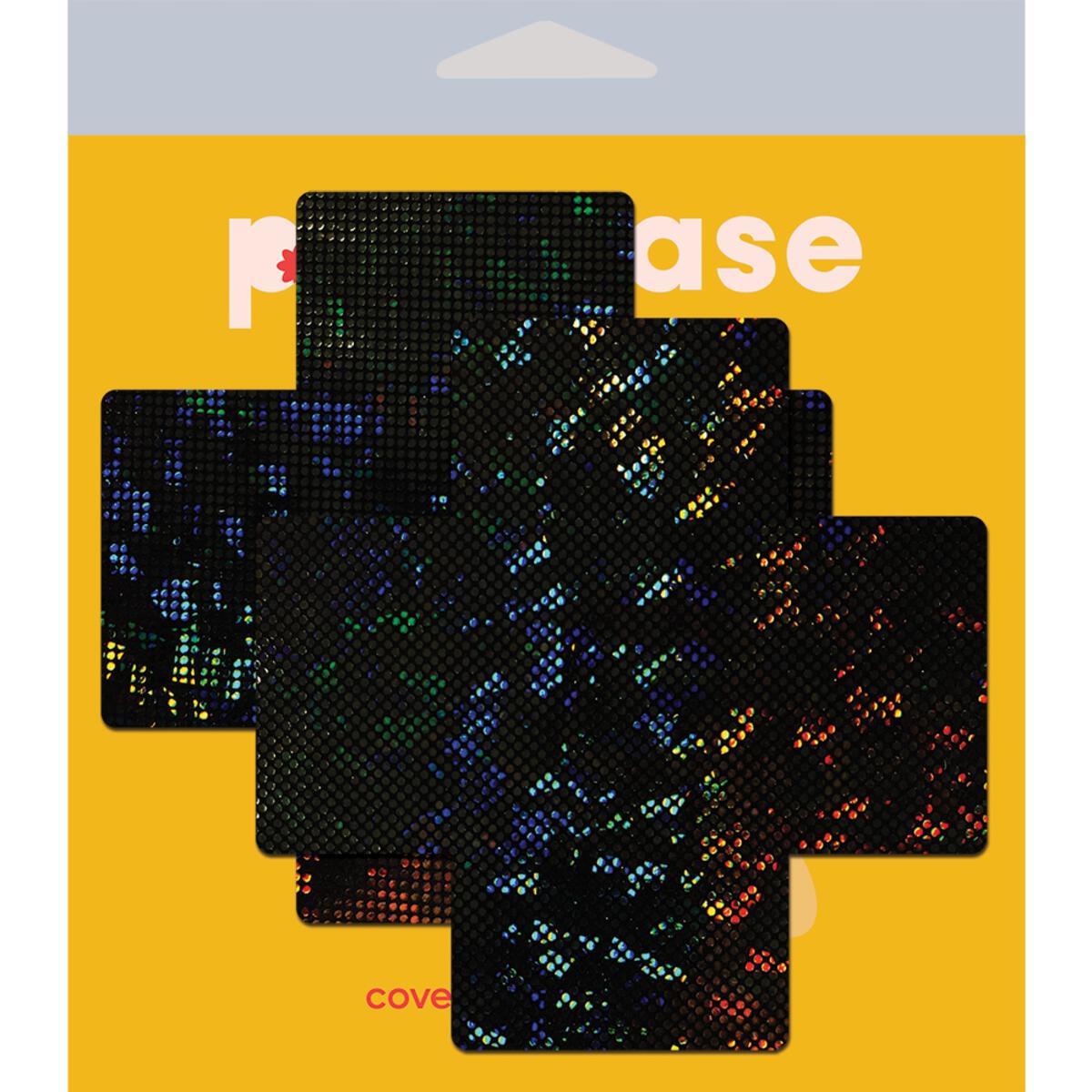 Black disco full breast covers with a holographic pattern.