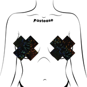 Black disco ball shaped breast covers with holographic shimmer.