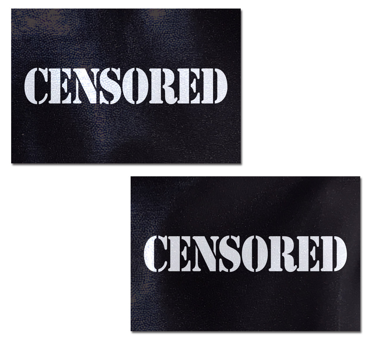 Black censored bar nipple pasties with white lettering.