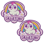 Two rainbow cloud nipple pasties with a unicorn and the text "EAT SHIT".