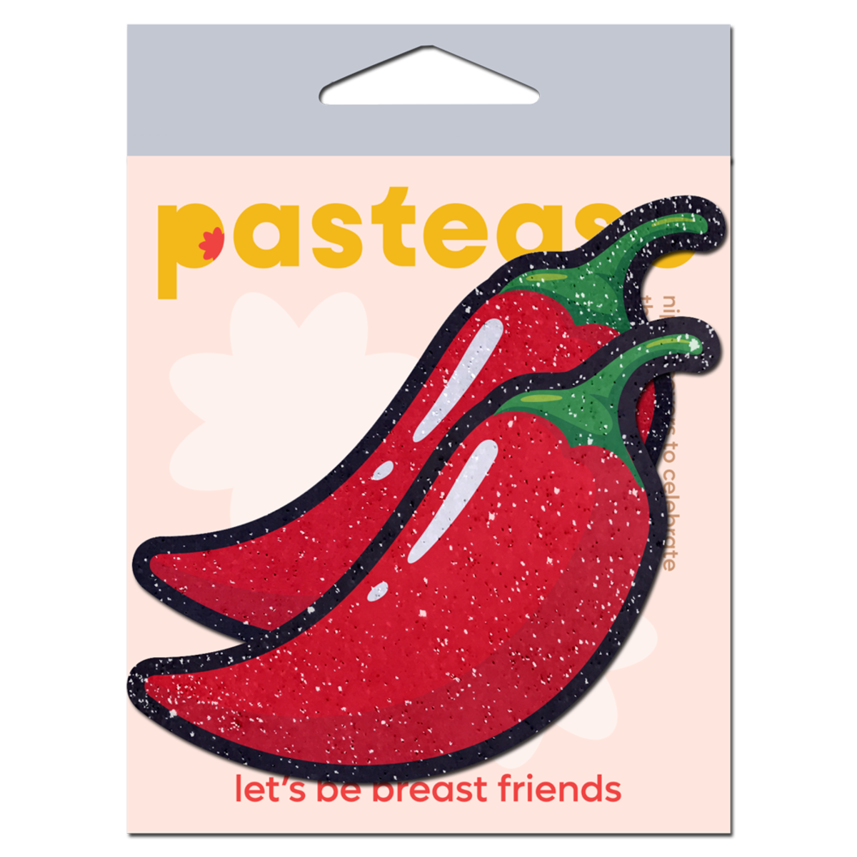 Red chili pepper nipple pasties with a sparkly velvet texture.