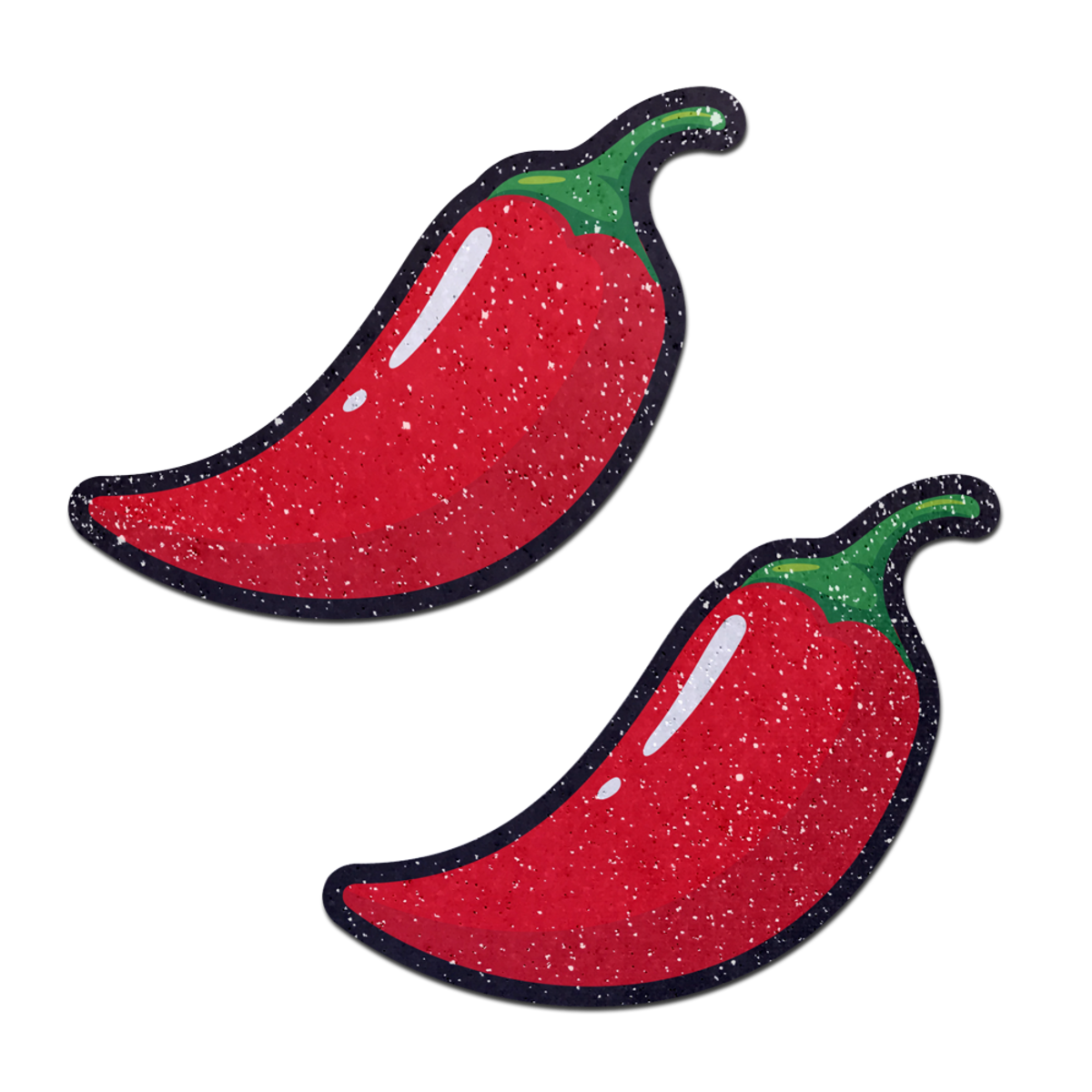 Two red chili pepper nipple pasties with a sparkly texture.