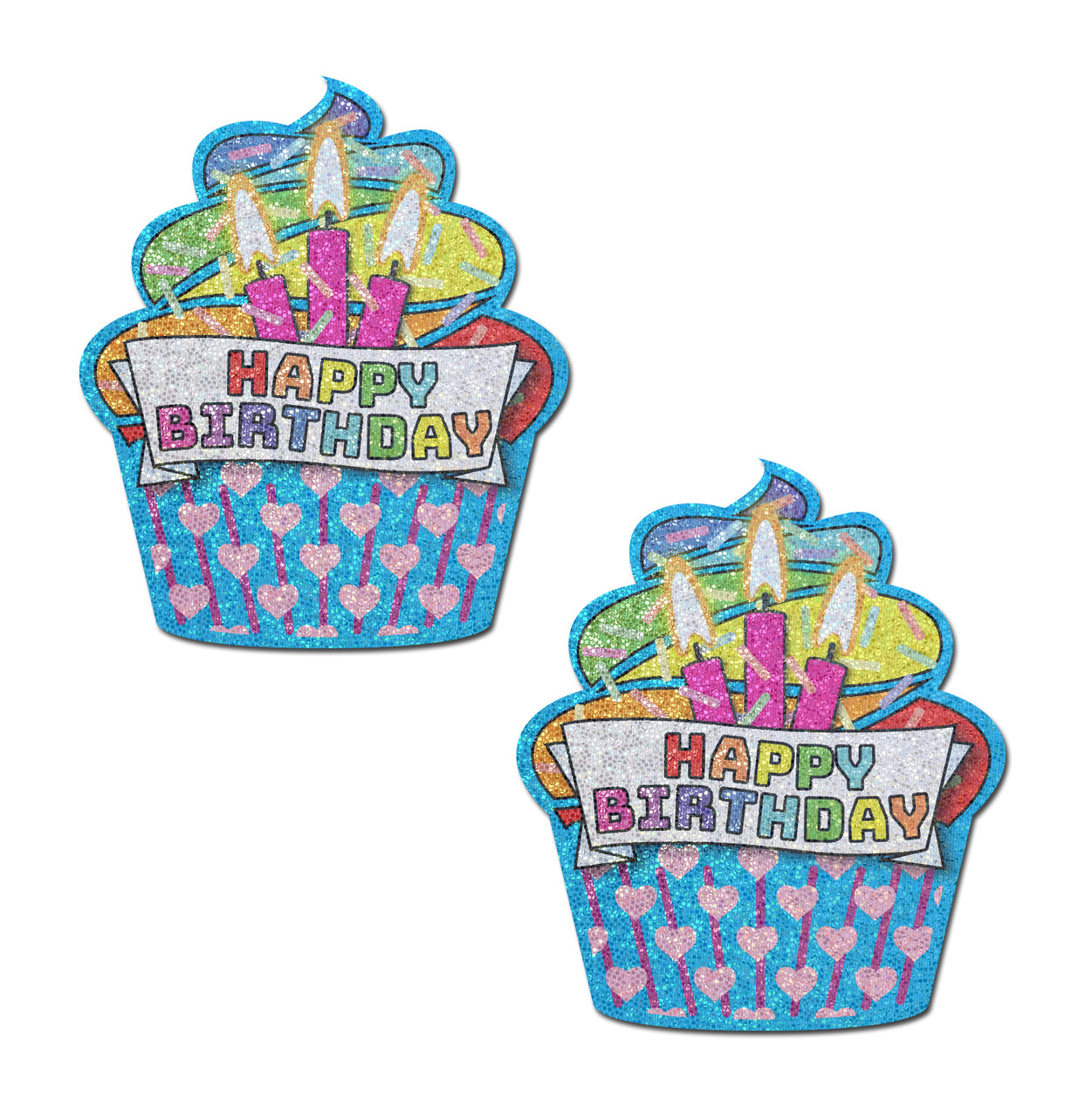 Two glittery cupcake-shaped pasties with "Happy Birthday" text.