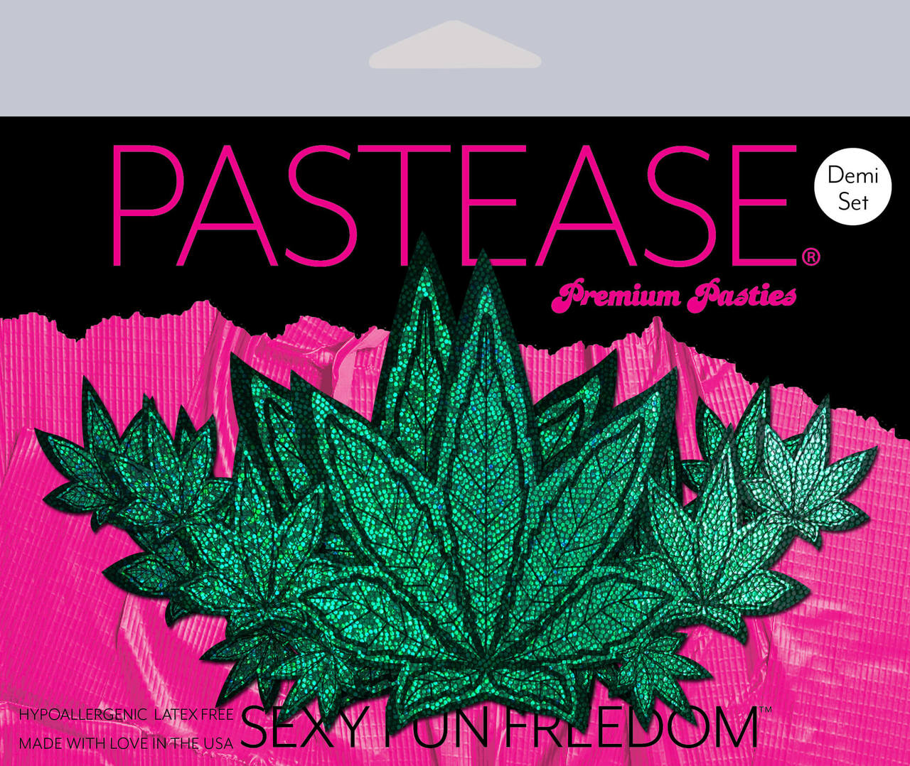 Green glitter pot leaf pasties with "Sexy Fun Freedom" text.