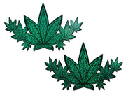 Two sets of green glitter pot leaf pasties on a white background.