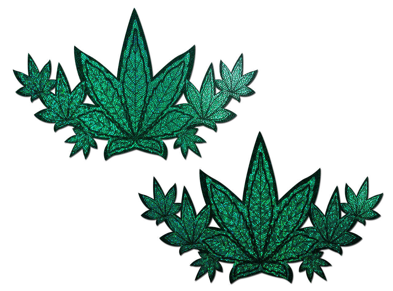 Two sets of green glitter pot leaf pasties on a white background.