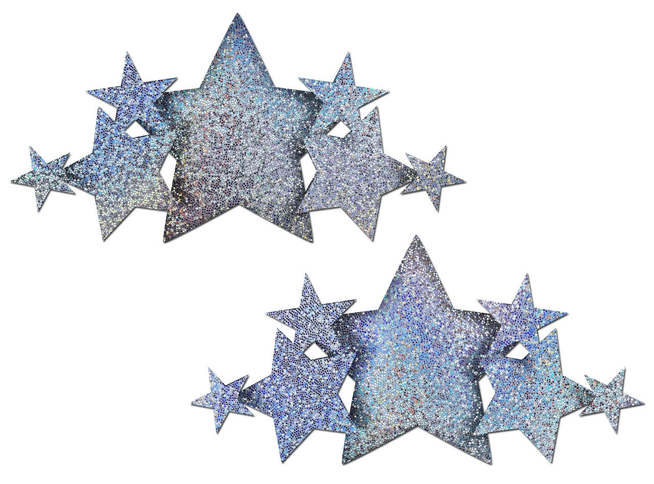 Silver glitter star pasties for breast coverage.