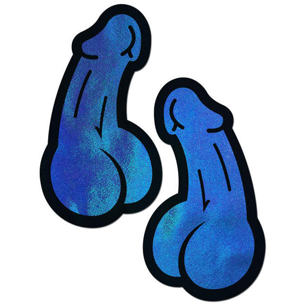Pair of blue holographic penis-shaped waterproof nipple pasties.