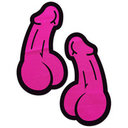 Pair of neon pink penis-shaped waterproof adhesive nipple pasties.