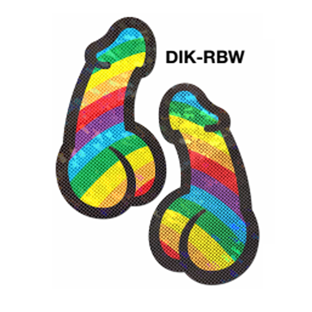 Rainbow pride penis nipple pasties with a dotted texture.