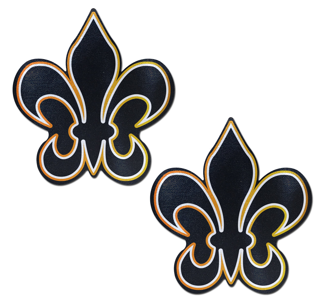 Two black fleur-de-lis nipple pasties with gold and white trim.