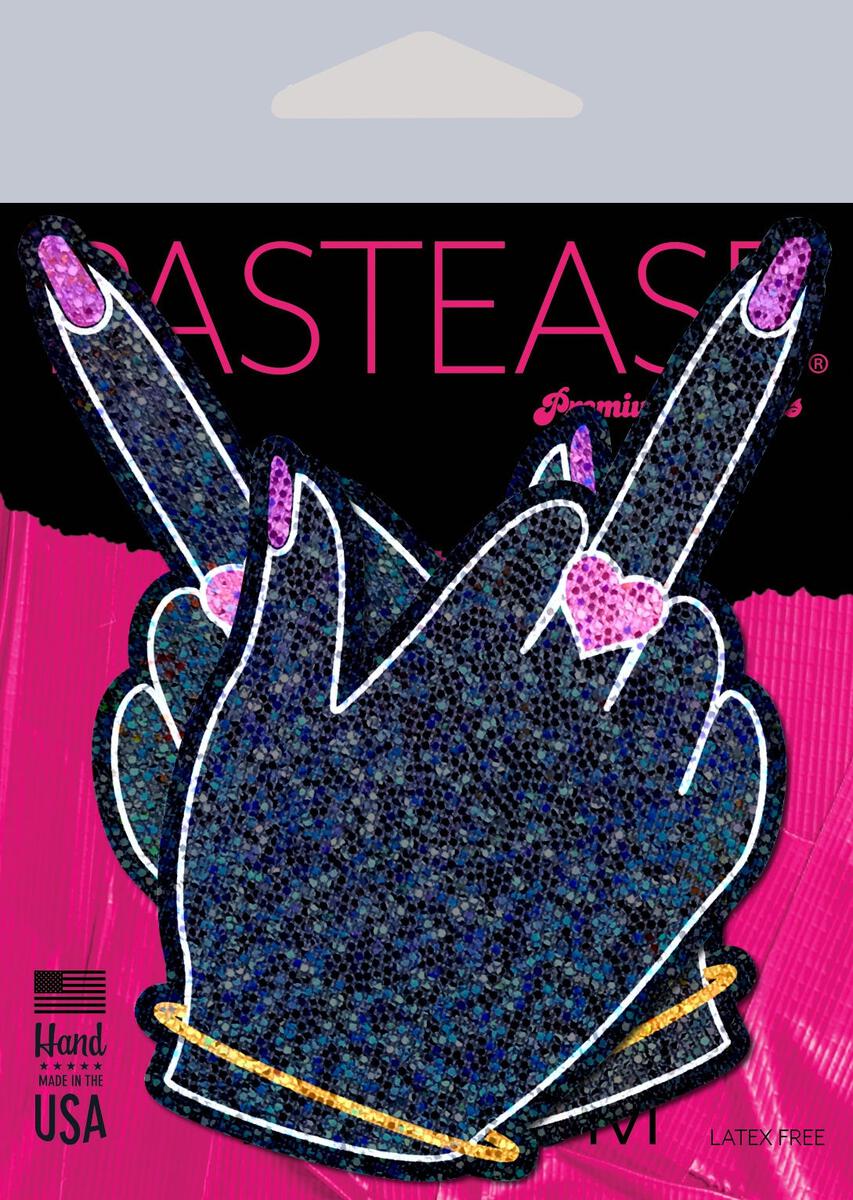 Glitter nipple pasties shaped like middle fingers with pink nail polish.