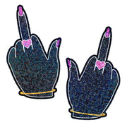 Glitter nipple pasties shaped like middle fingers with pink hearts.