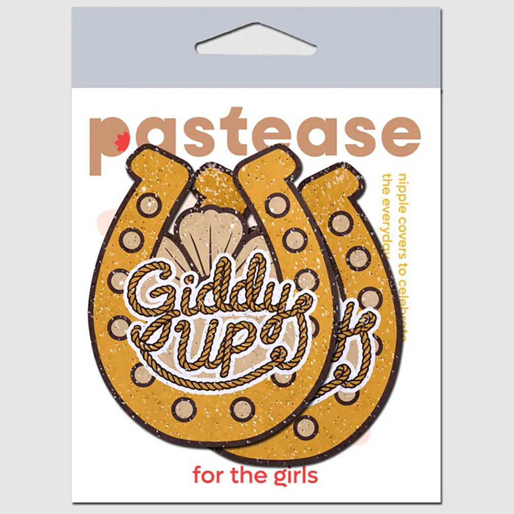 Golden horseshoe nipple pasties with "Giddy Up" text.