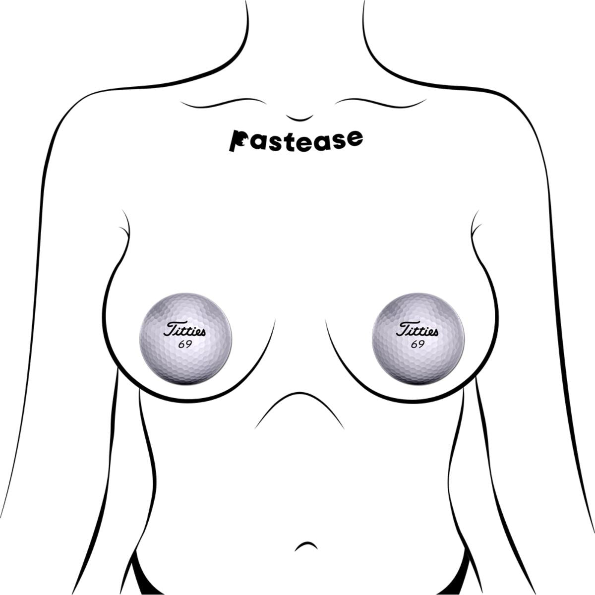 Golf ball nipple covers with "Titties 69" and "Pastease" text.