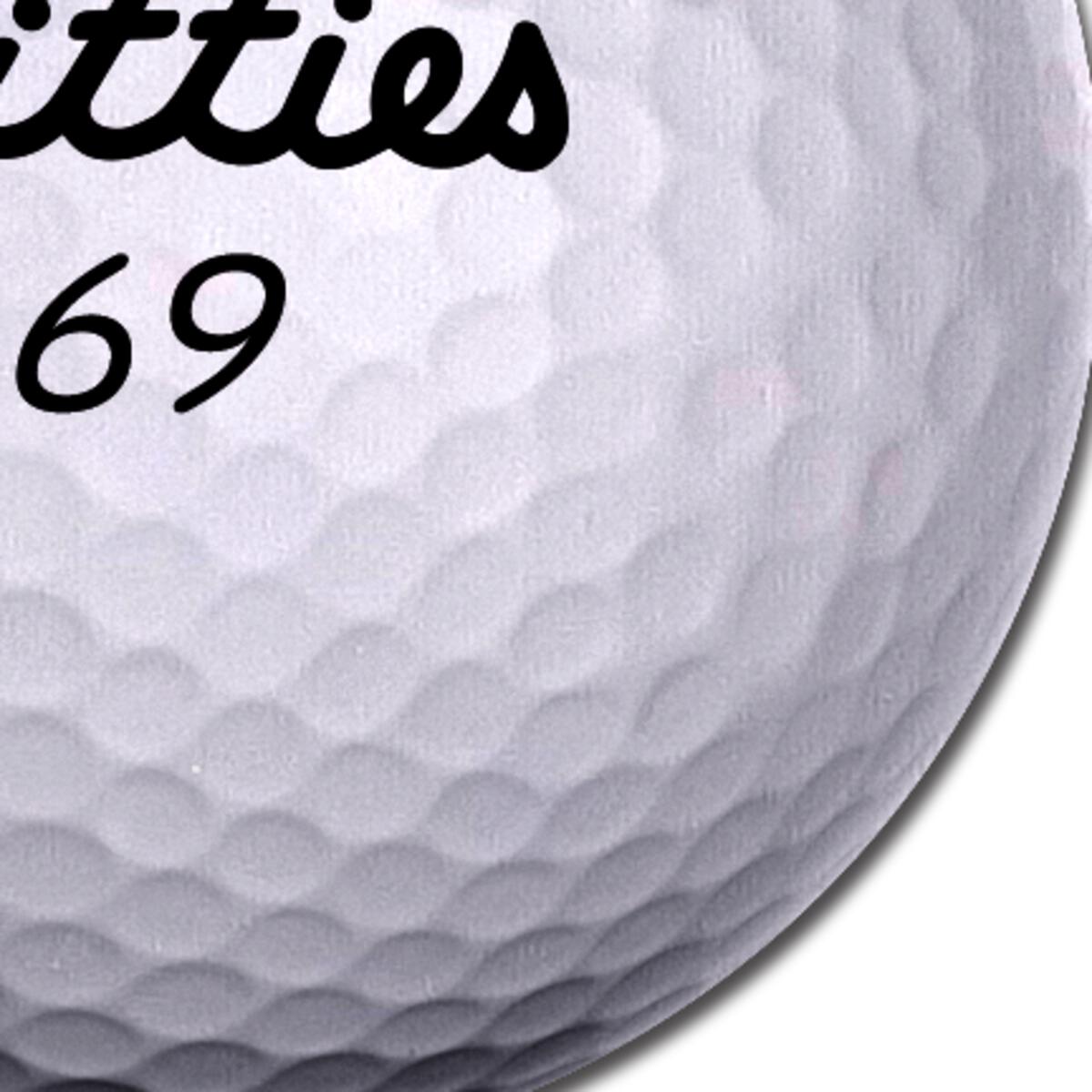 A white golf ball with the number 69 and the word "ties" printed on it.