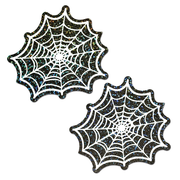 Two black glittery spider web pasties with white outlines.