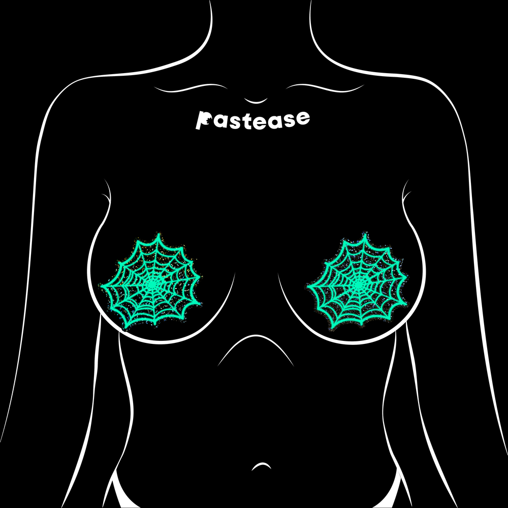 Glow in the dark spider web nipple pasties with glitter.
