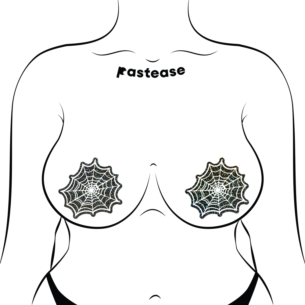 Glow in the dark spider web nipple pasties with glitter.