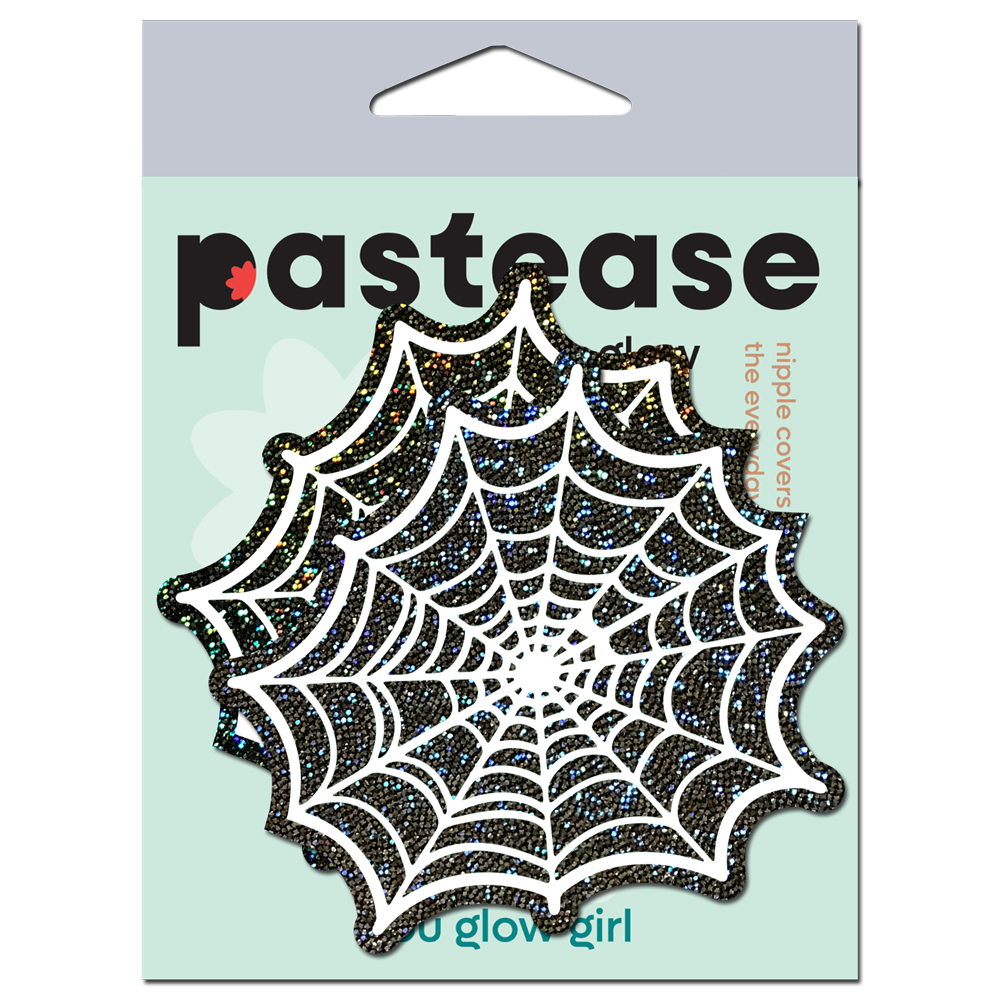 Glow in the dark spider web nipple pasties with glitter.