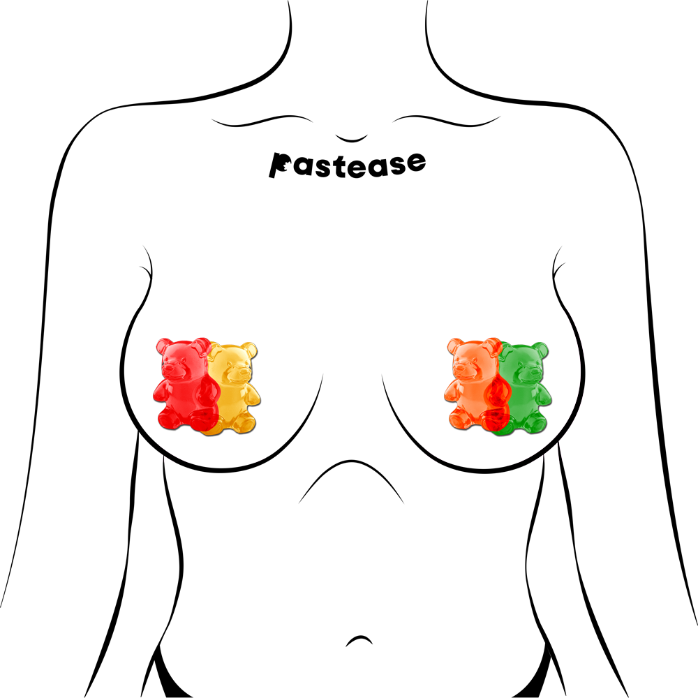 Gummy bear shaped pasties in red, yellow, orange, and green.