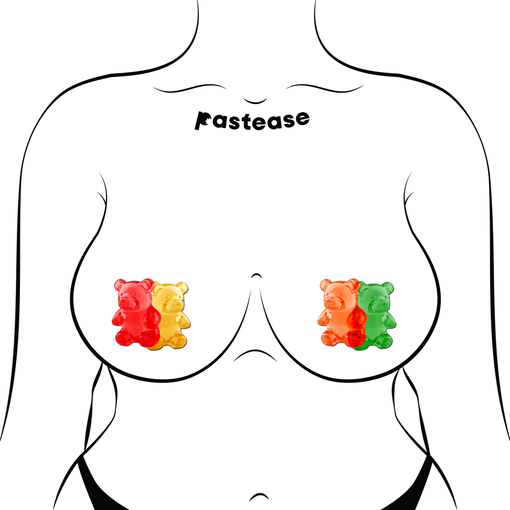 Gummy bear shaped breast pasties in red, yellow, orange, and green.