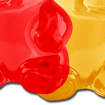 Red and yellow gummy bear shaped adhesive pasties with a glossy finish.