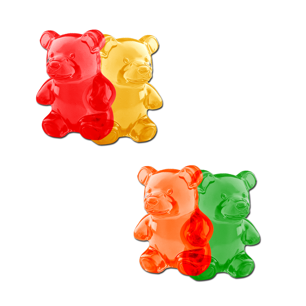Colorful gummy bear shaped adhesive nipple covers.