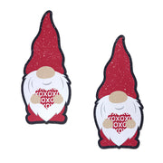 Two garden gnome nipple pasties with red hats and hearts that say XOXO.
