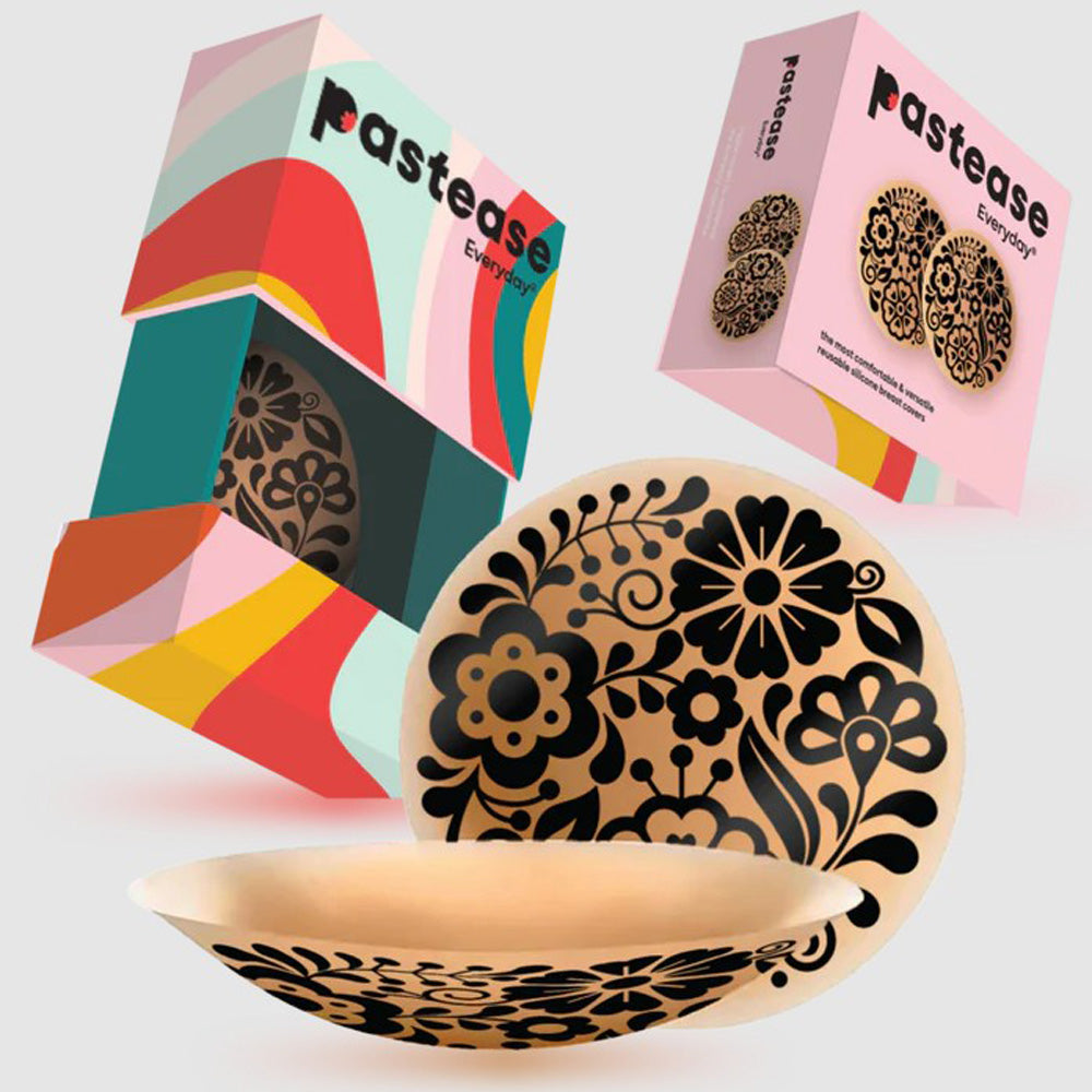 Pastease reusable silicone nipple covers with floral pattern and travel box.