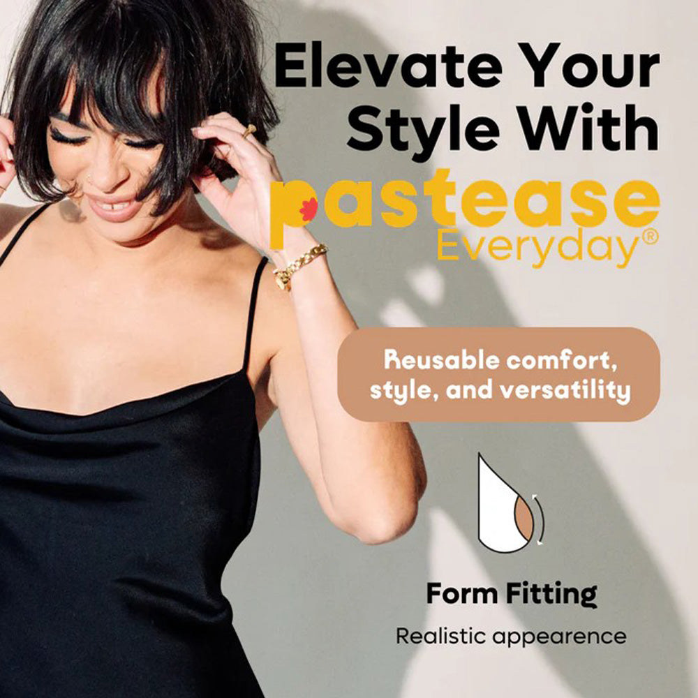 Silicone reusable nipple covers in a tan color with text about comfort and style.