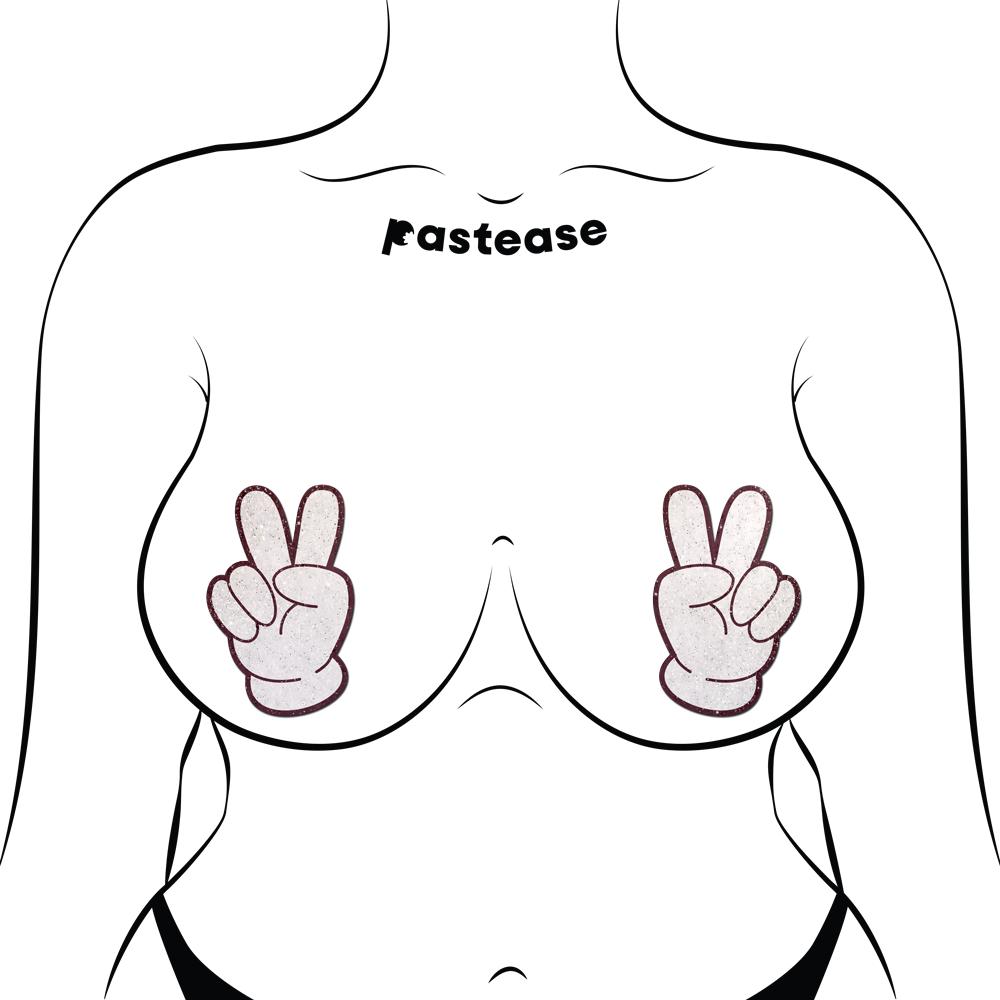 Peace hands glitter velvet pasties on a stylized torso.