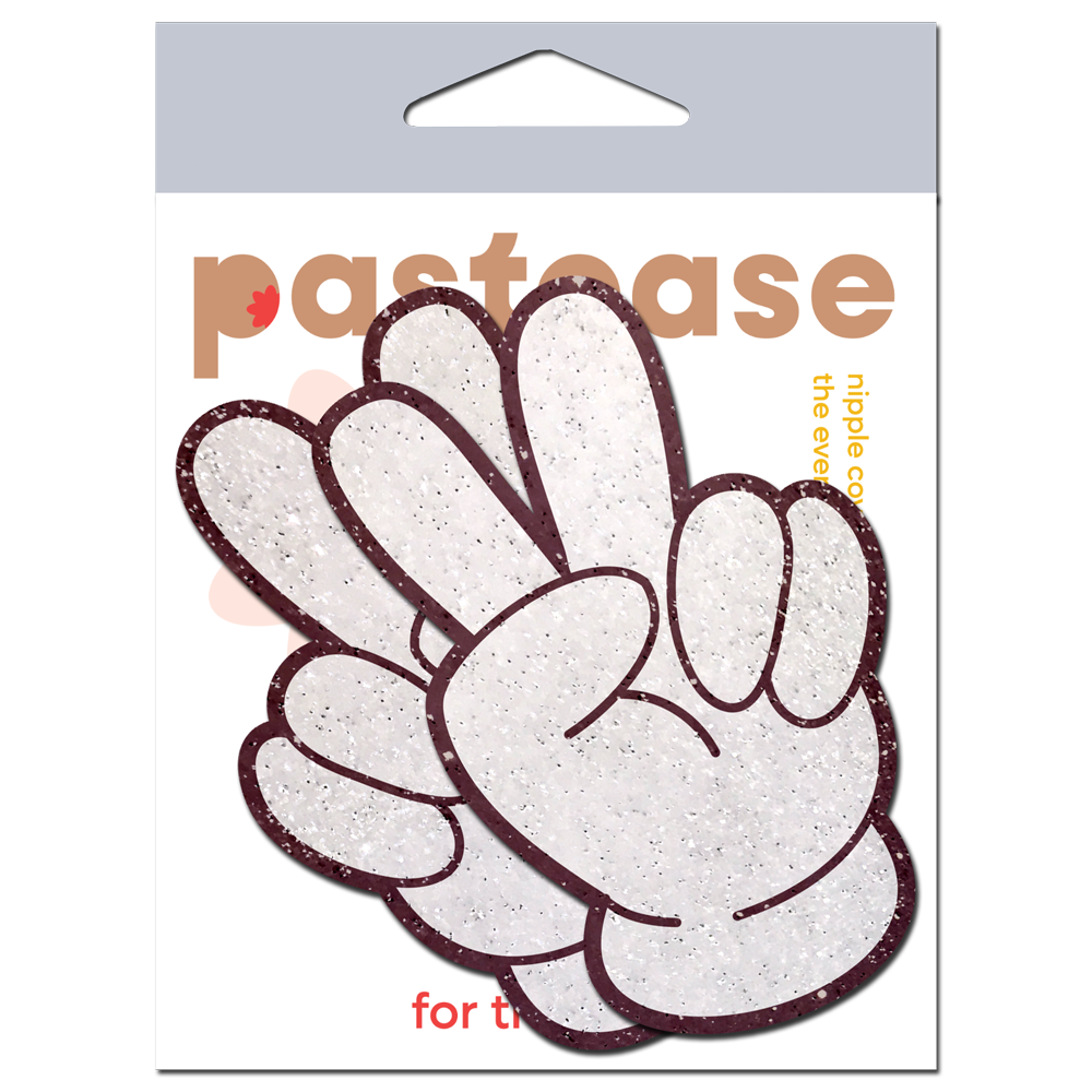 Glitter velvet peace hand pasties with a maroon outline.