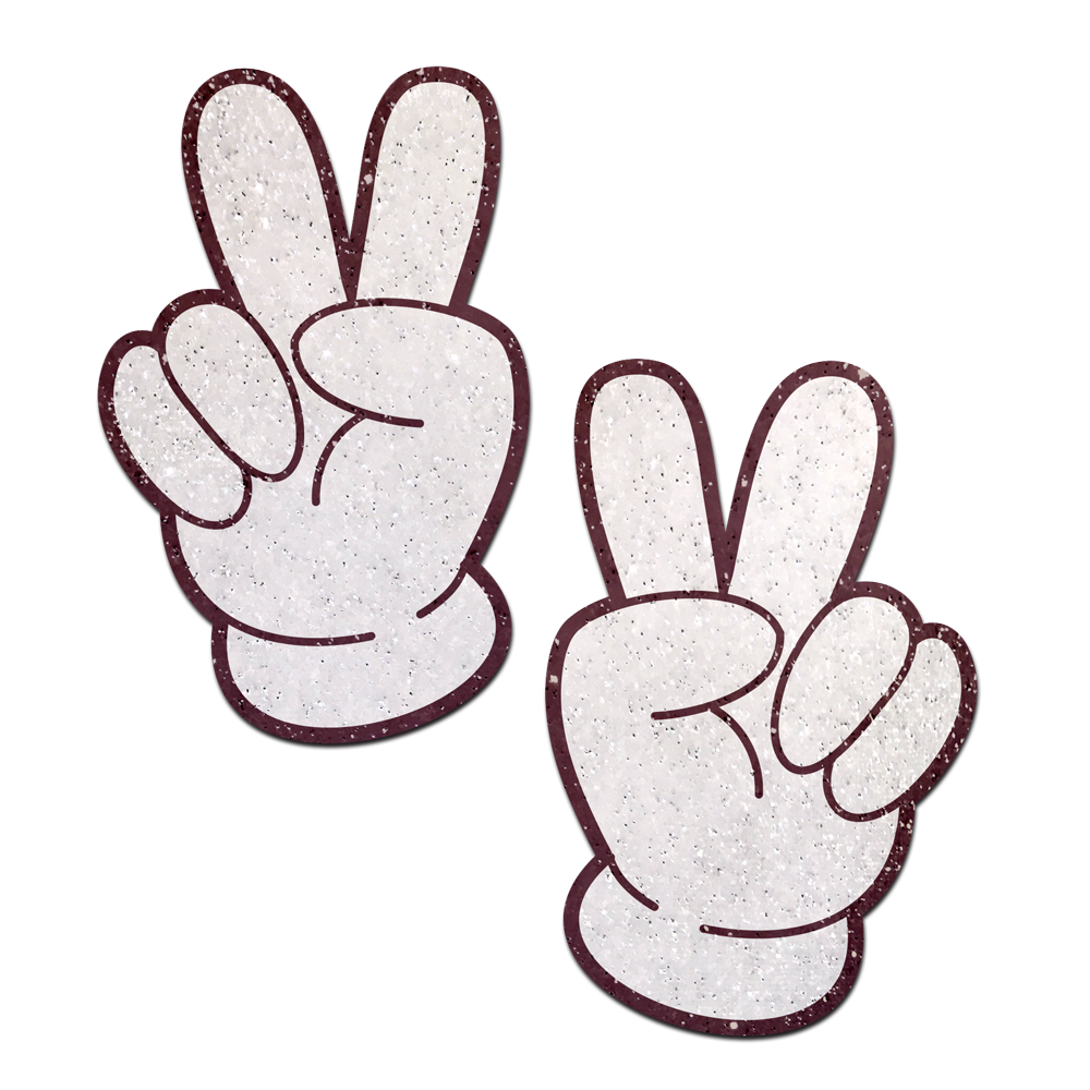 Two glitter velvet peace sign pasties on a white background.