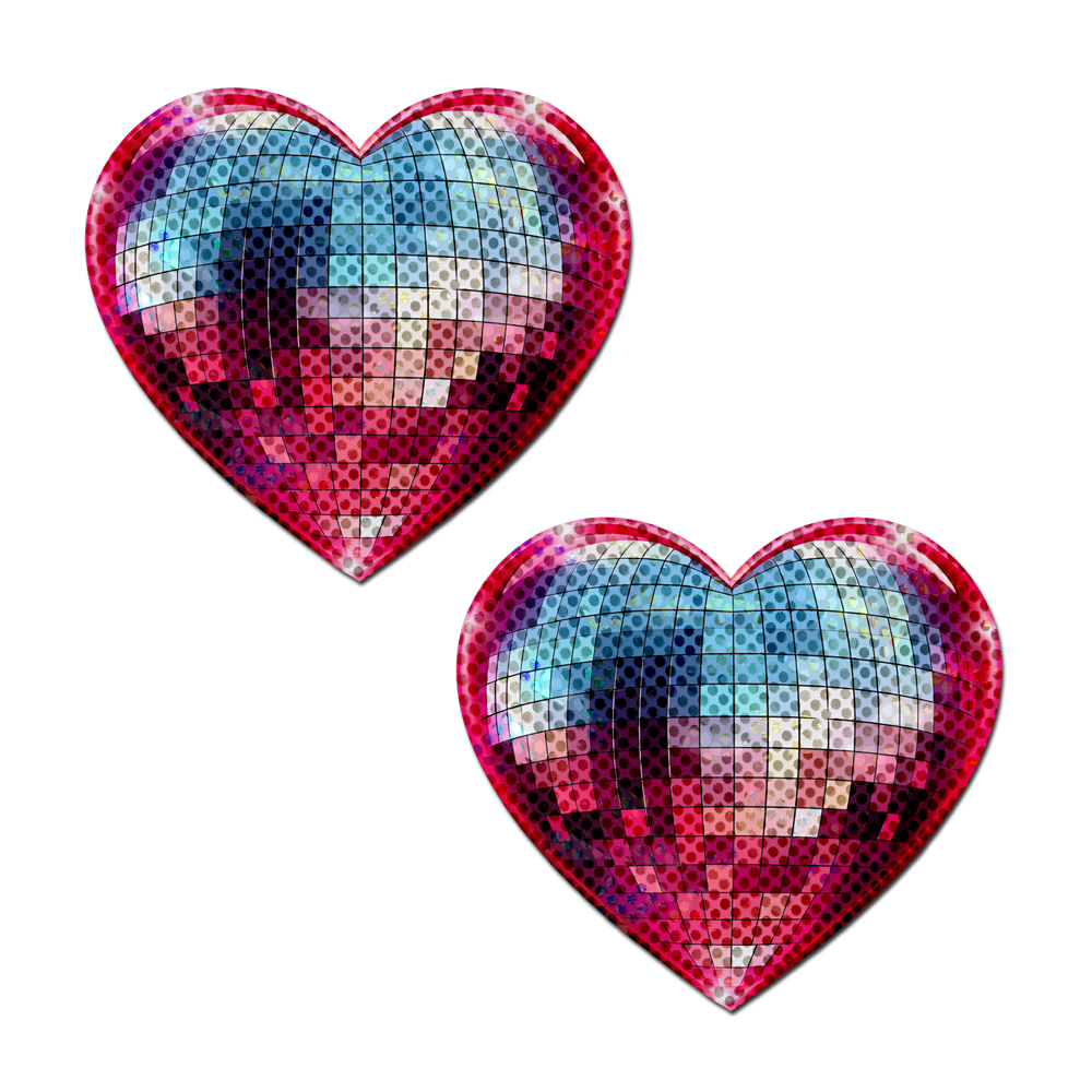Two heart-shaped pasties with a sparkling blue and pink disco design.