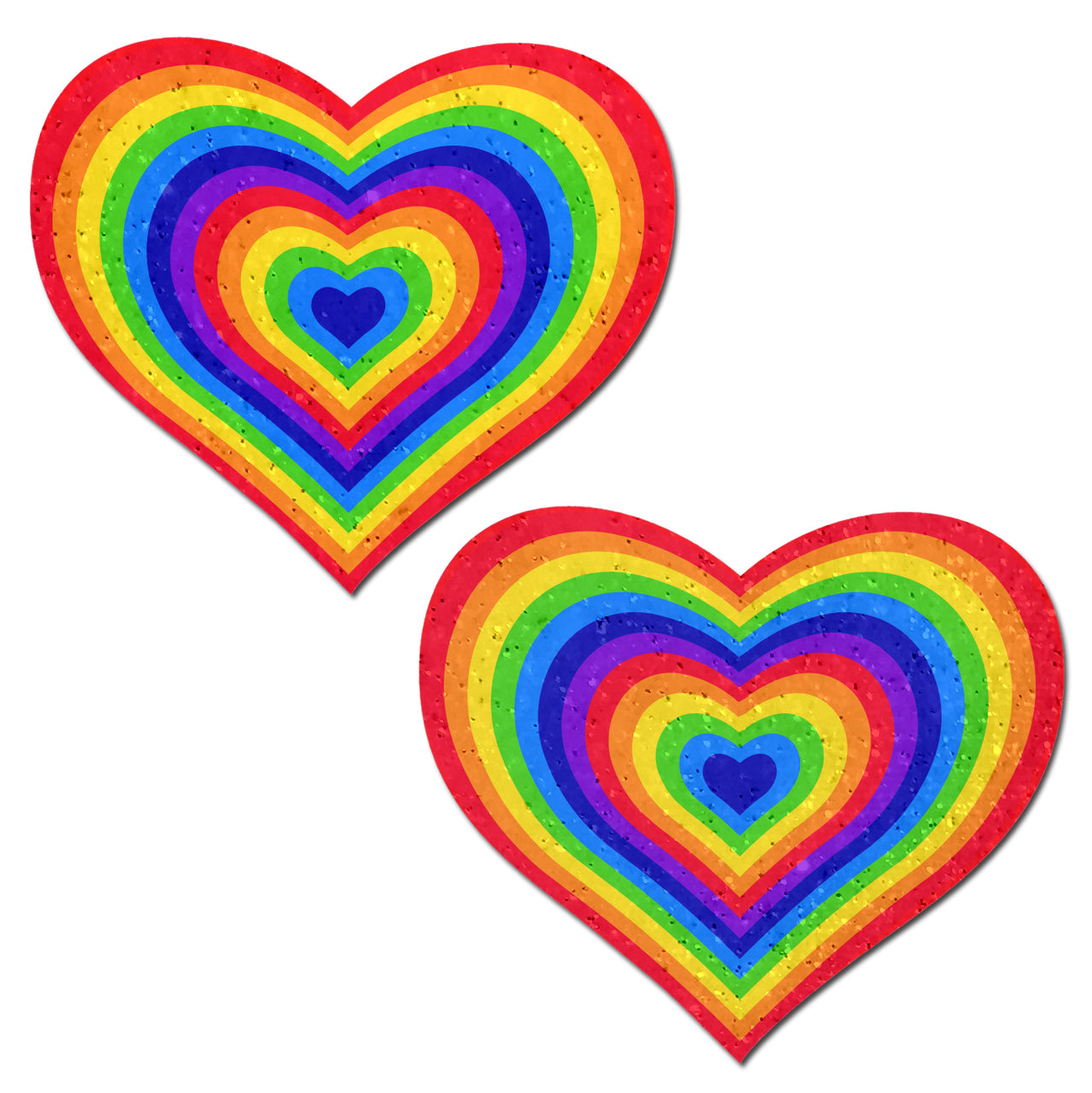 Two rainbow heart-shaped nipple pasties with a textured finish.