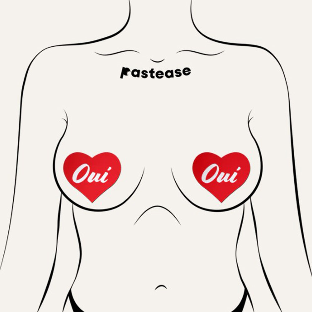 Red heart nipple pasties with "Oui" text.